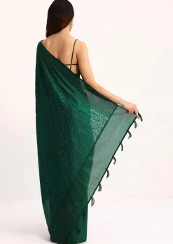Dark Green Tissue Saree With Thread And Stone Embroidery And Unstitched Blouse
