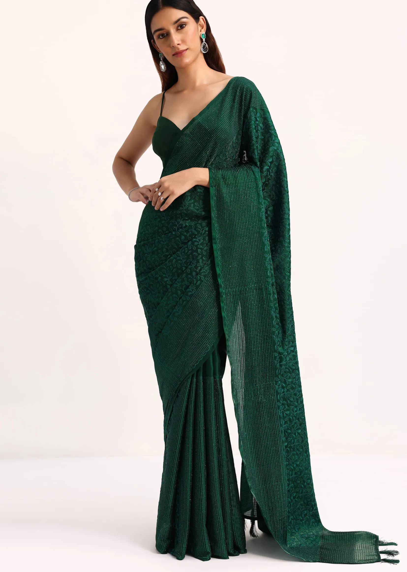 Dark Green Tissue Saree With Thread And Stone Embroidery And Unstitched Blouse