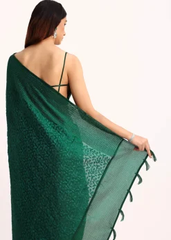 Dark Green Tissue Saree With Thread And Stone Embroidery And Unstitched Blouse