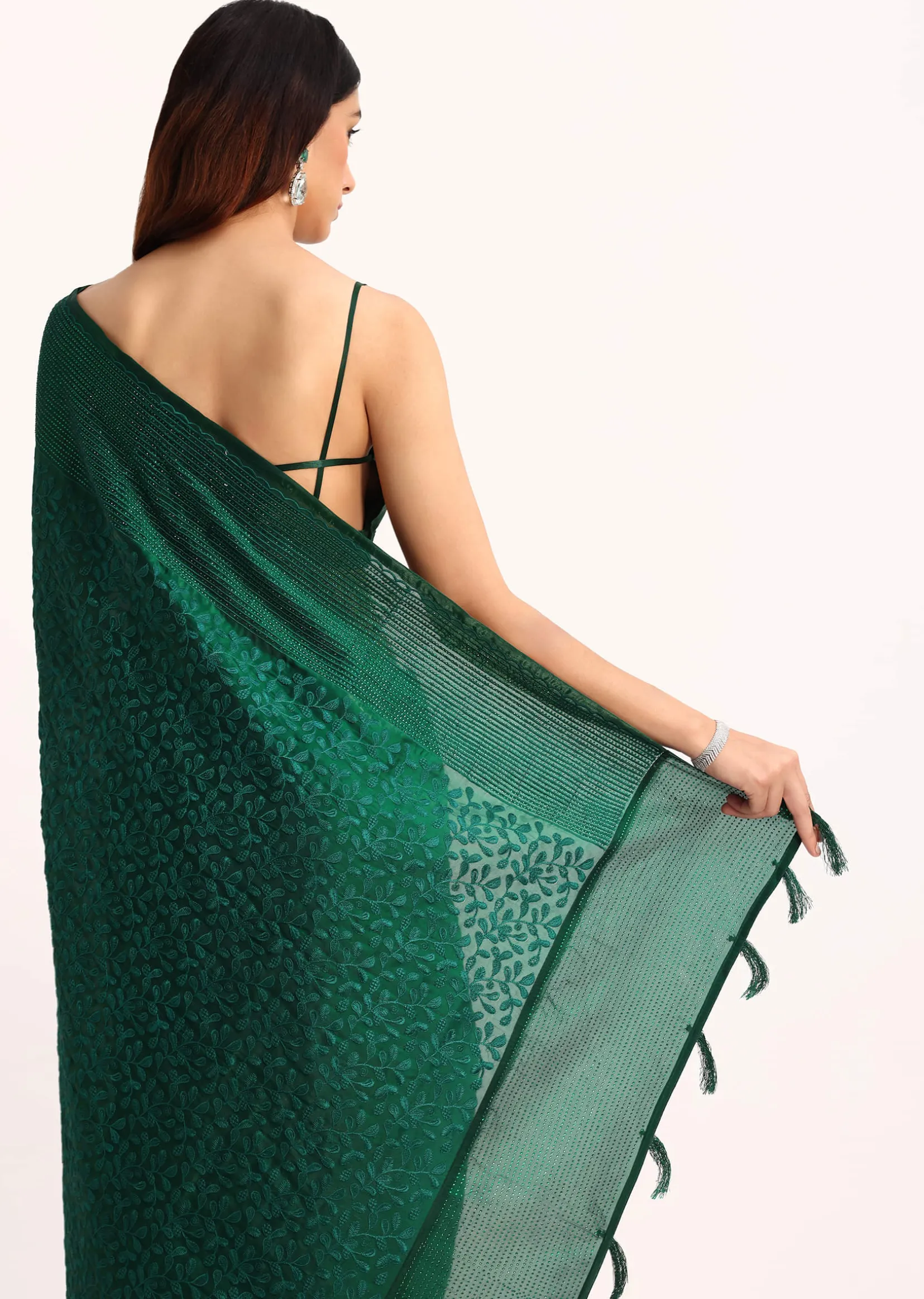 Dark Green Tissue Saree With Thread And Stone Embroidery And Unstitched Blouse