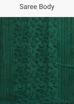 Dark Green Tissue Saree With Thread And Stone Embroidery And Unstitched Blouse