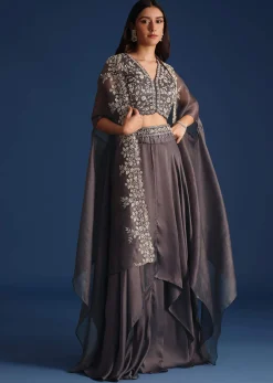 Dark Grey Asymmetric Organza Jacket With Crop Top And Draped Skirt