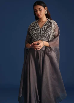 Dark Grey Asymmetric Organza Jacket With Crop Top And Draped Skirt