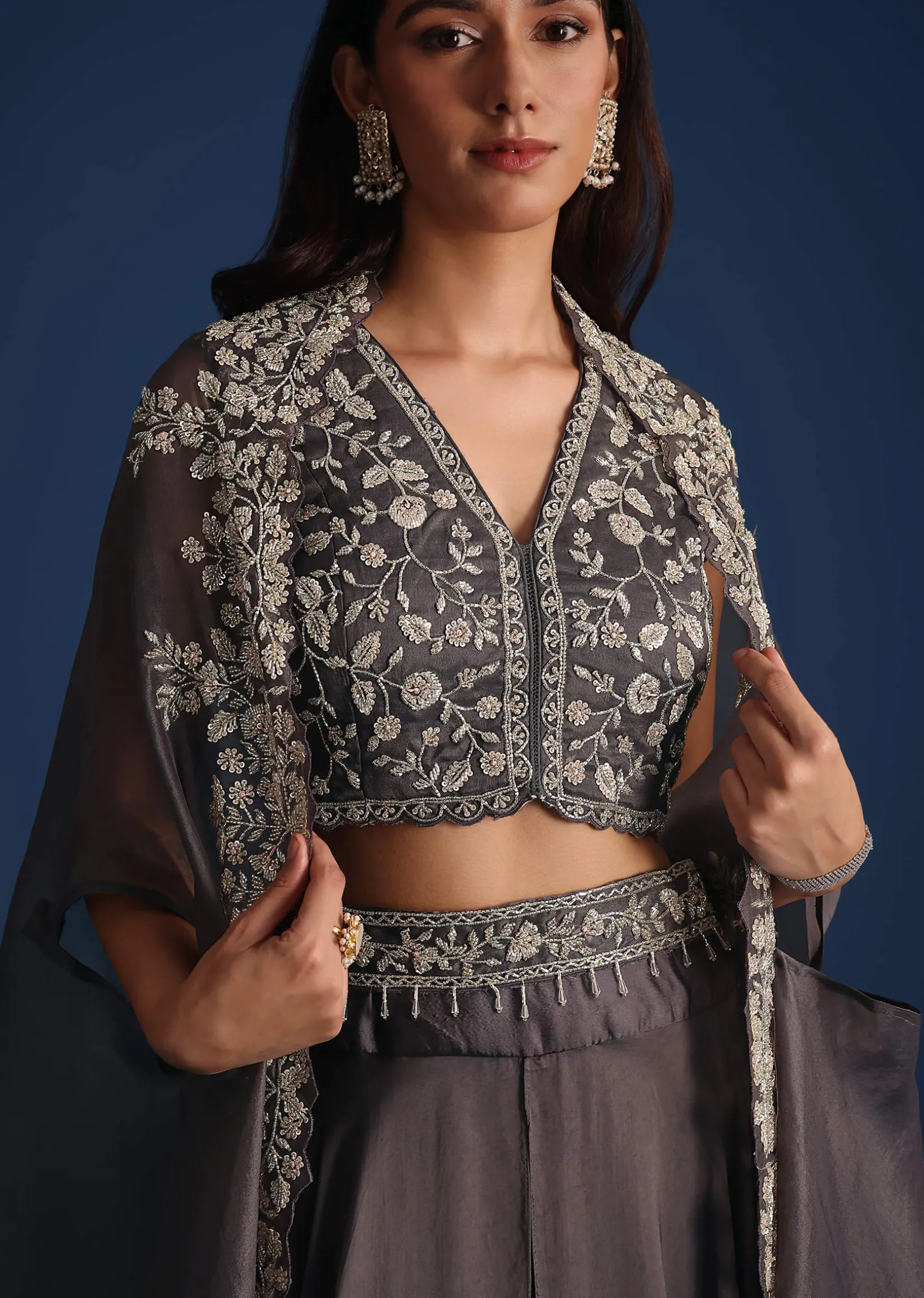 Dark Grey Asymmetric Organza Jacket With Crop Top And Draped Skirt