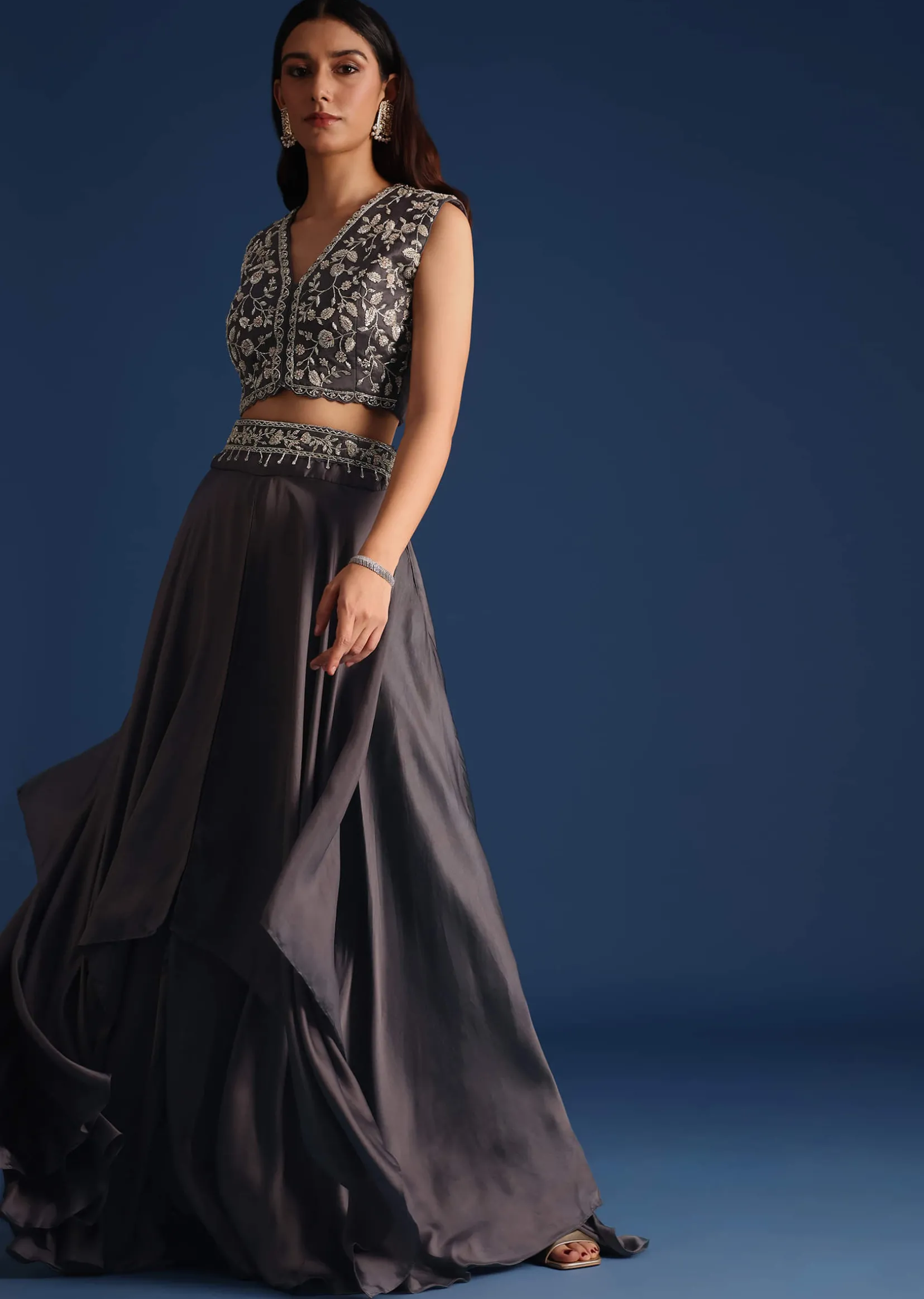 Dark Grey Asymmetric Organza Jacket With Crop Top And Draped Skirt