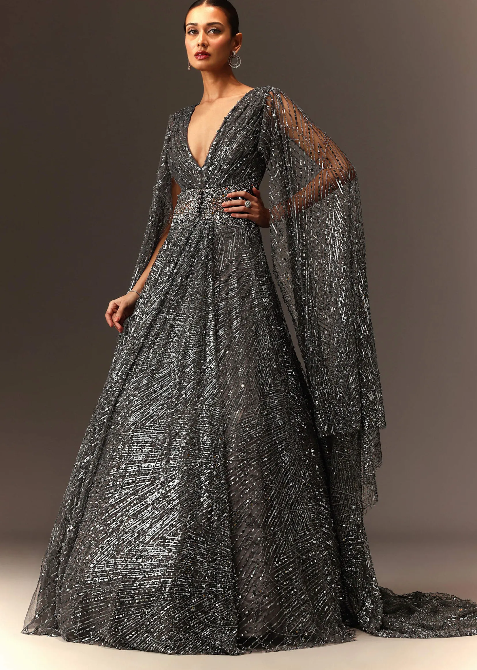 Dark Grey Sequins Gown With Attached Cape Sleeves