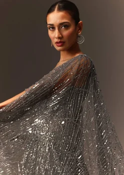 Dark Grey Sequins Gown With Attached Cape Sleeves