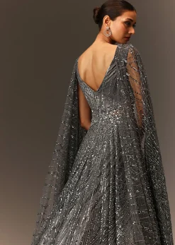 Dark Grey Sequins Gown With Attached Cape Sleeves