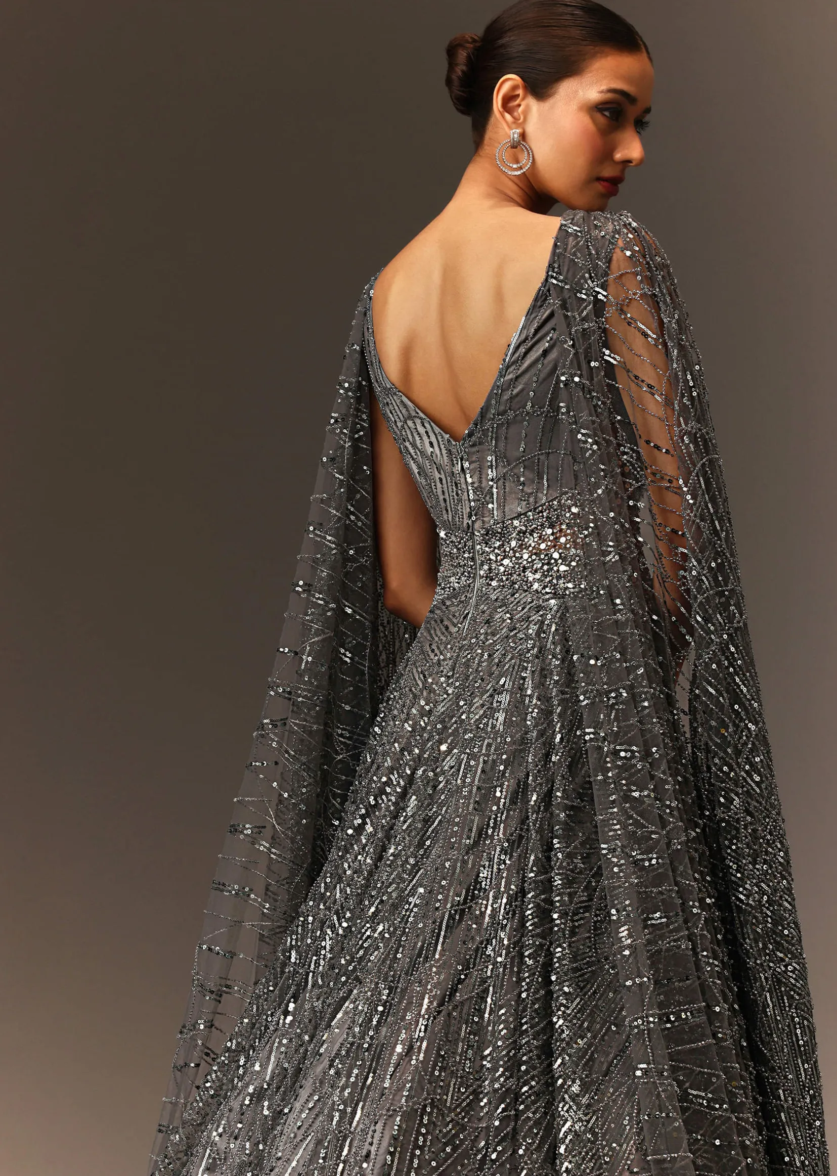 Dark Grey Sequins Gown With Attached Cape Sleeves