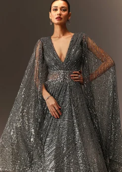 Dark Grey Sequins Gown With Attached Cape Sleeves