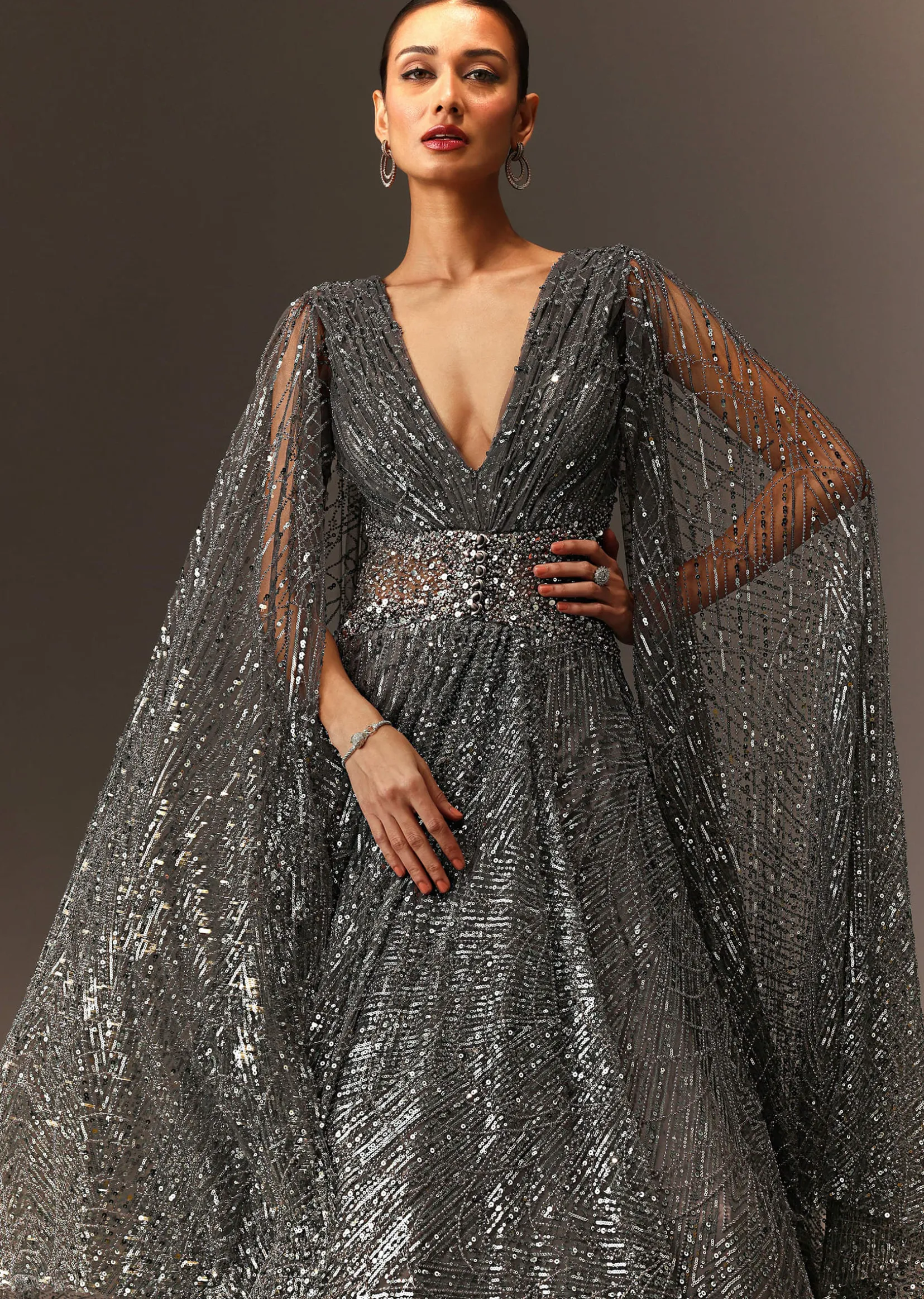 Dark Grey Sequins Gown With Attached Cape Sleeves