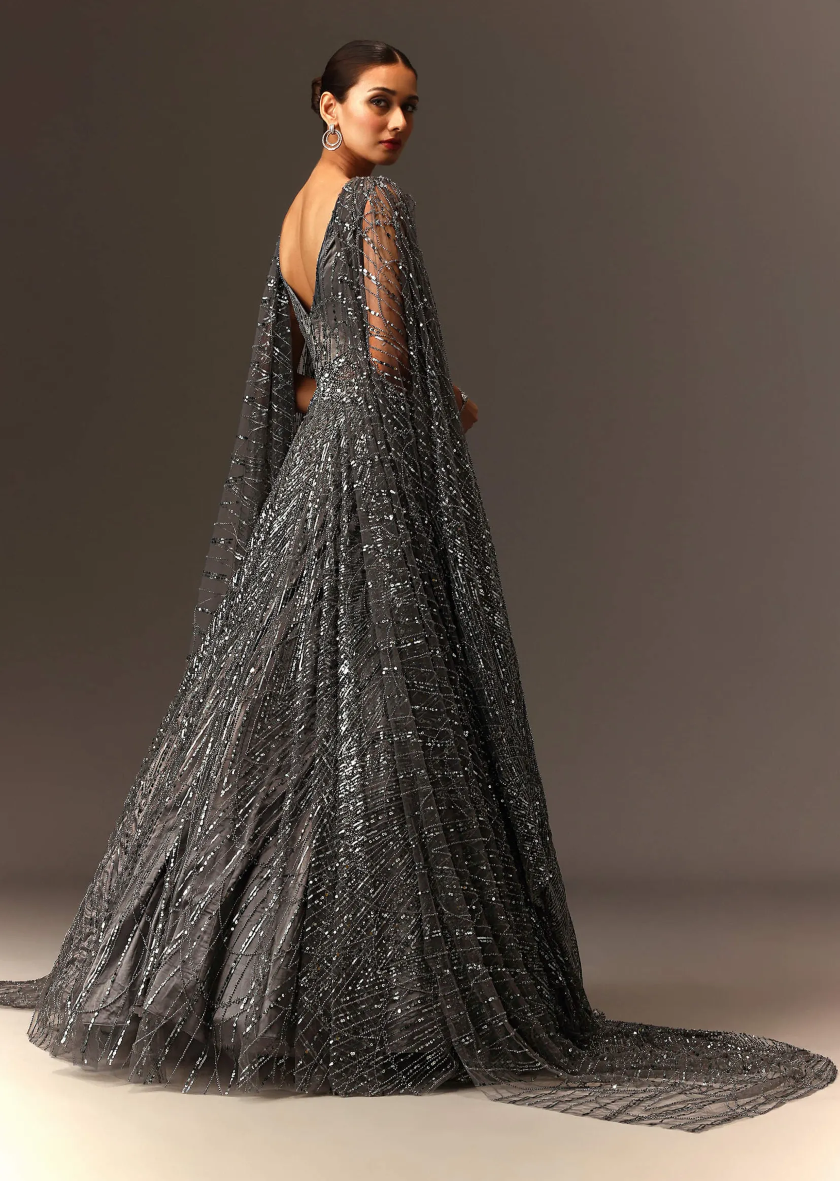 Dark Grey Sequins Gown With Attached Cape Sleeves