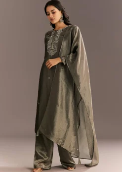 Dark Grey Tissue Kurta Pant Set With Butti Dupatta
