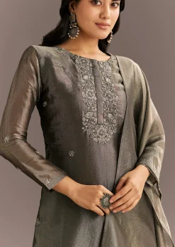Dark Grey Tissue Kurta Pant Set With Butti Dupatta
