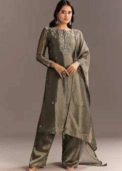 Dark Grey Tissue Kurta Pant Set With Butti Dupatta