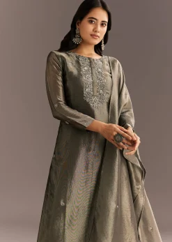 Dark Grey Tissue Kurta Pant Set With Butti Dupatta