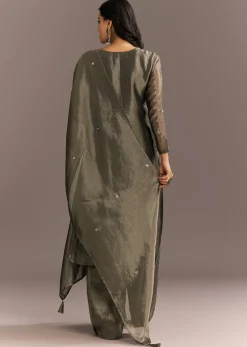 Dark Grey Tissue Kurta Pant Set With Butti Dupatta