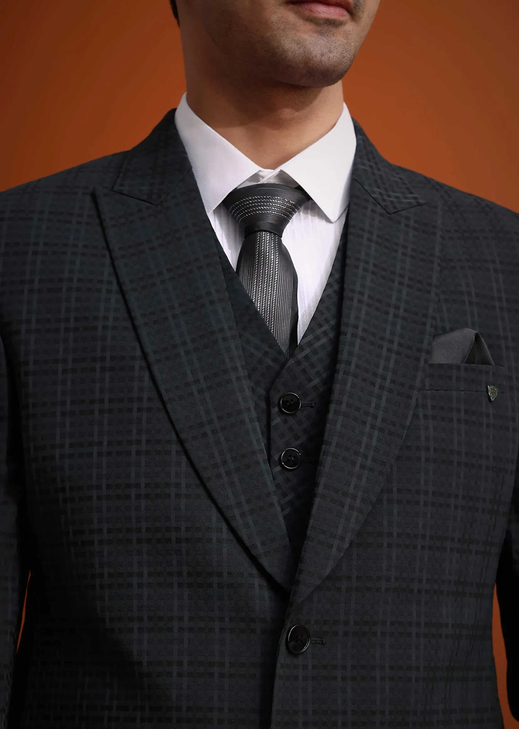 Dark Grey Tuxedo And Pant Set With Checkered Detail