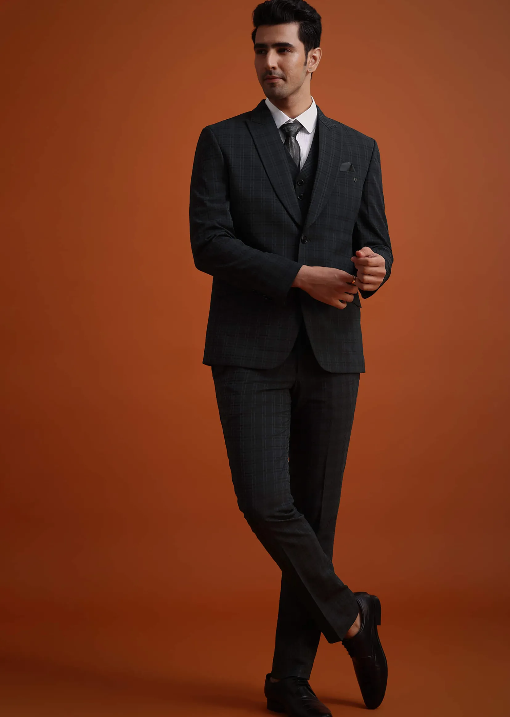 Dark Grey Tuxedo And Pant Set With Checkered Detail