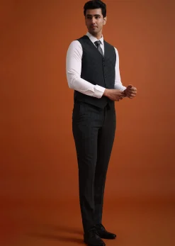 Dark Grey Tuxedo And Pant Set With Checkered Detail