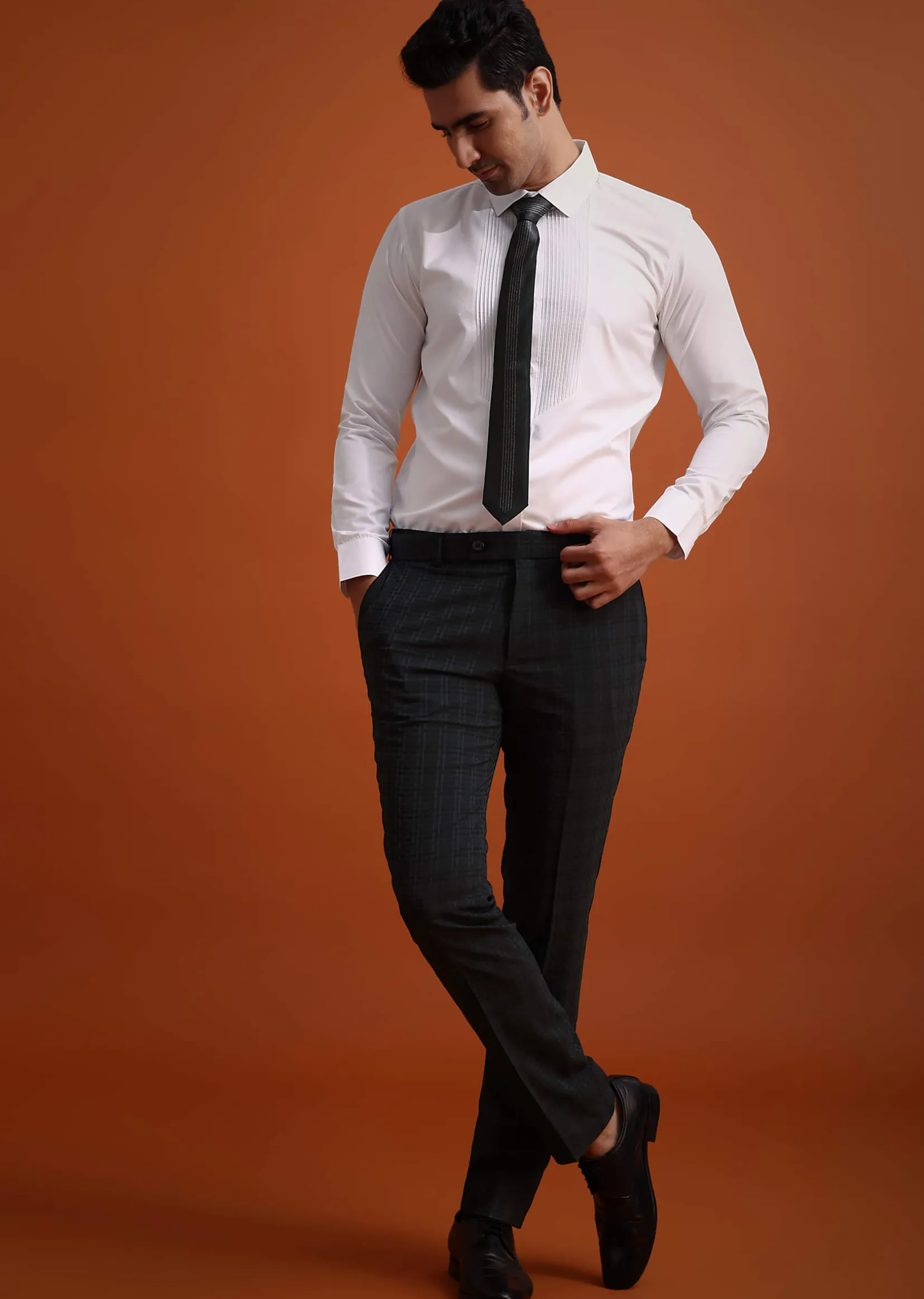Dark Grey Tuxedo And Pant Set With Checkered Detail