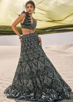 Dark Olive Green 3D Embroidered Lehenga Set With One Side Ruffle Trail