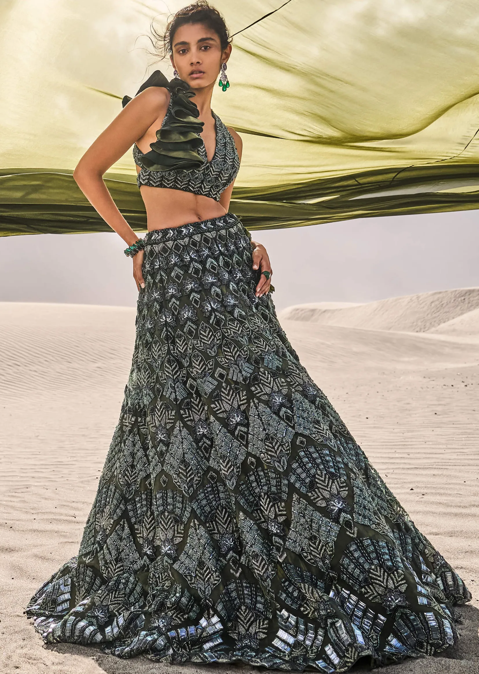 Dark Olive Green 3D Embroidered Lehenga Set With One Side Ruffle Trail