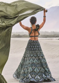 Dark Olive Green 3D Embroidered Lehenga Set With One Side Ruffle Trail