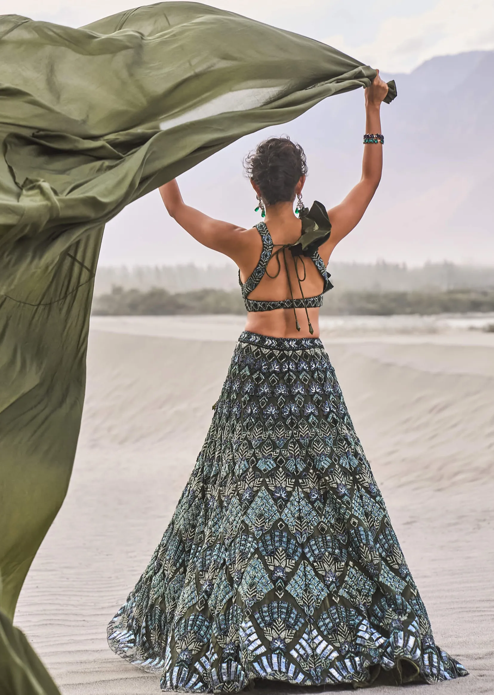 Dark Olive Green 3D Embroidered Lehenga Set With One Side Ruffle Trail
