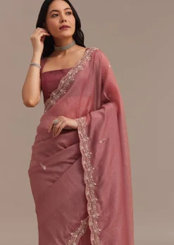 Dark Onion Pink Crushed Tissue Saree With Sequins And Cutdana Embroidery
