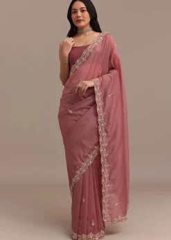 Dark Onion Pink Crushed Tissue Saree With Sequins And Cutdana Embroidery
