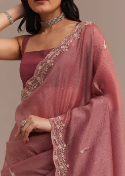 Dark Onion Pink Crushed Tissue Saree With Sequins And Cutdana Embroidery