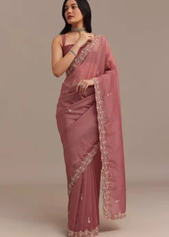 Dark Onion Pink Crushed Tissue Saree With Sequins And Cutdana Embroidery
