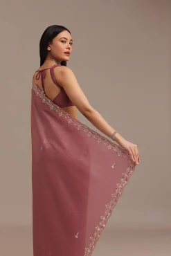 Dark Onion Pink Crushed Tissue Saree With Sequins And Cutdana Embroidery