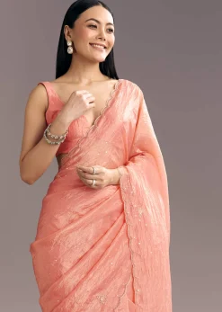 Dark Peach Crushed Tissue Embroidered Saree With Scallop Border