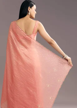 Dark Peach Crushed Tissue Embroidered Saree With Scallop Border