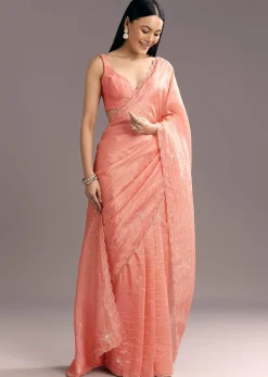 Dark Peach Crushed Tissue Embroidered Saree With Scallop Border
