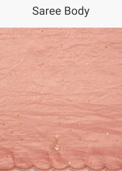 Dark Peach Crushed Tissue Embroidered Saree With Scallop Border
