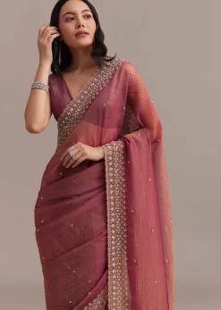 Dark Peach Crushed Tissue Saree With Cutdana And Sequins Border