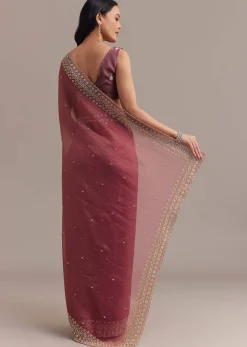 Dark Peach Crushed Tissue Saree With Cutdana And Sequins Border