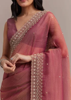 Dark Peach Crushed Tissue Saree With Cutdana And Sequins Border