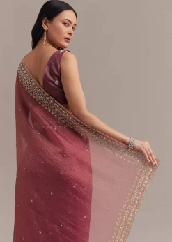 Dark Peach Crushed Tissue Saree With Cutdana And Sequins Border