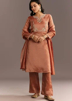 Dark Peach Organza Tissue Kurta Pant With Embroidered Dupatta