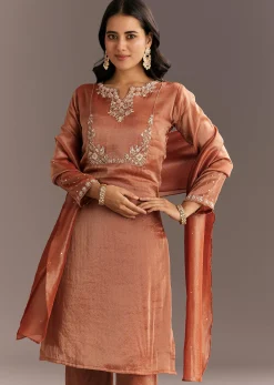 Dark Peach Organza Tissue Kurta Pant With Embroidered Dupatta
