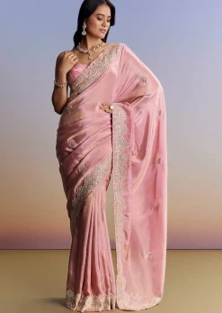 Dark Peach Tissue Saree With Gota Patti Embroidery