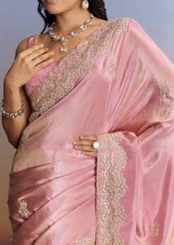 Dark Peach Tissue Saree With Gota Patti Embroidery