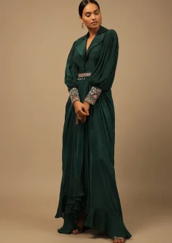 Dark Pine Green High Low Gown With Collar Neckline, Bishop Sleeves And Multicolor Handwork On The Cuffs