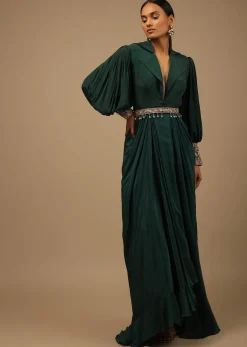 Dark Pine Green High Low Gown With Collar Neckline, Bishop Sleeves And Multicolor Handwork On The Cuffs