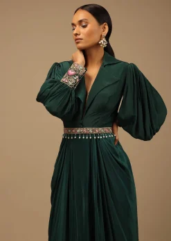 Dark Pine Green High Low Gown With Collar Neckline, Bishop Sleeves And Multicolor Handwork On The Cuffs