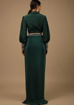 Dark Pine Green High Low Gown With Collar Neckline, Bishop Sleeves And Multicolor Handwork On The Cuffs